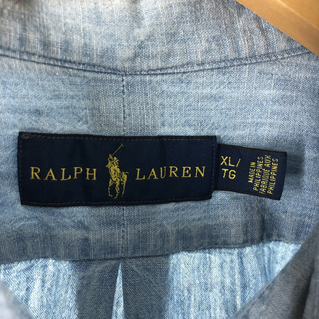 Ralph Lauren Chambray short sleeve button down shirt, men's XL size cotton Blue type light blue Vintage Second Hand