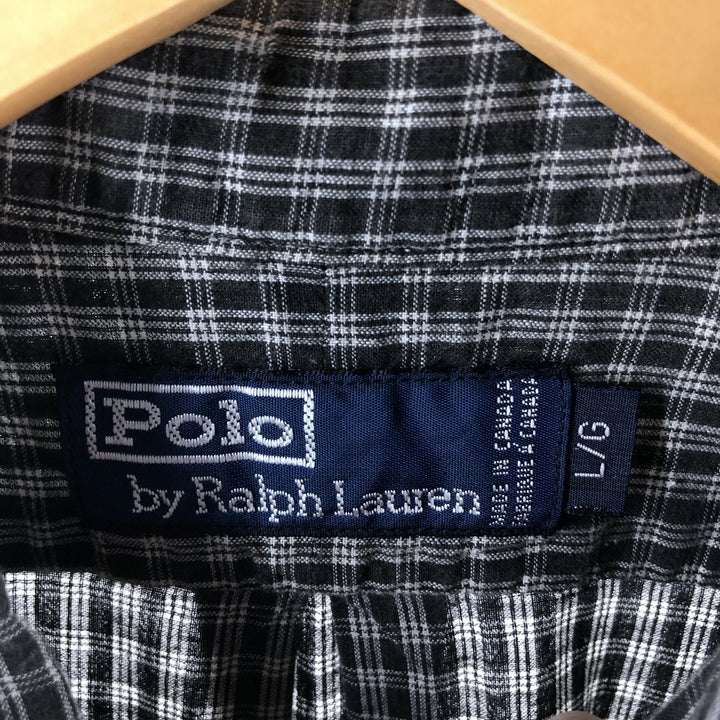 Ralph Lauren POLO by Ralph Lauren short sleeve button down check shirt made in Canada men's size L cotton black type Vintage Second Hand