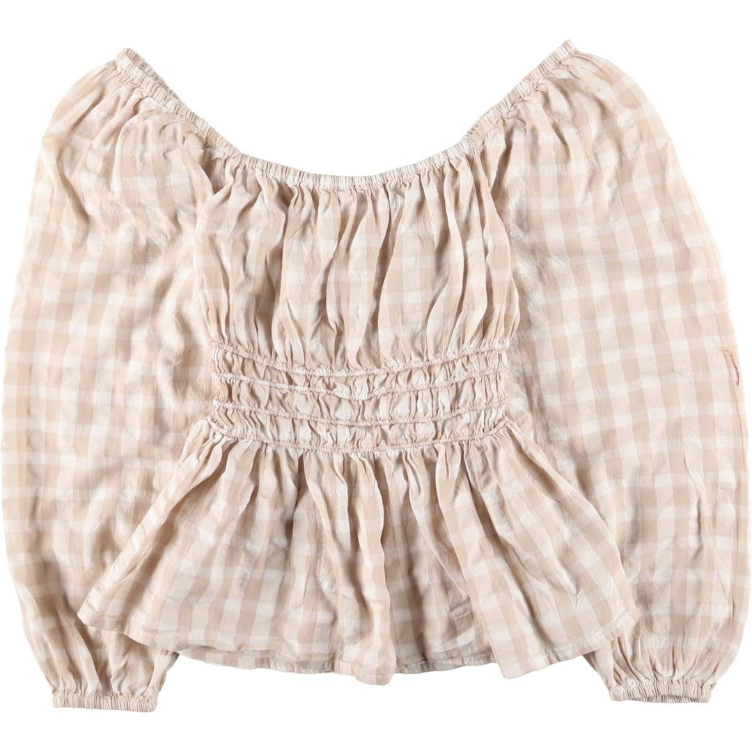 anko Check Pattern Off Shoulder Long Sleeve Blouse Women's M Size cotton Beige type Vintage Second Hand