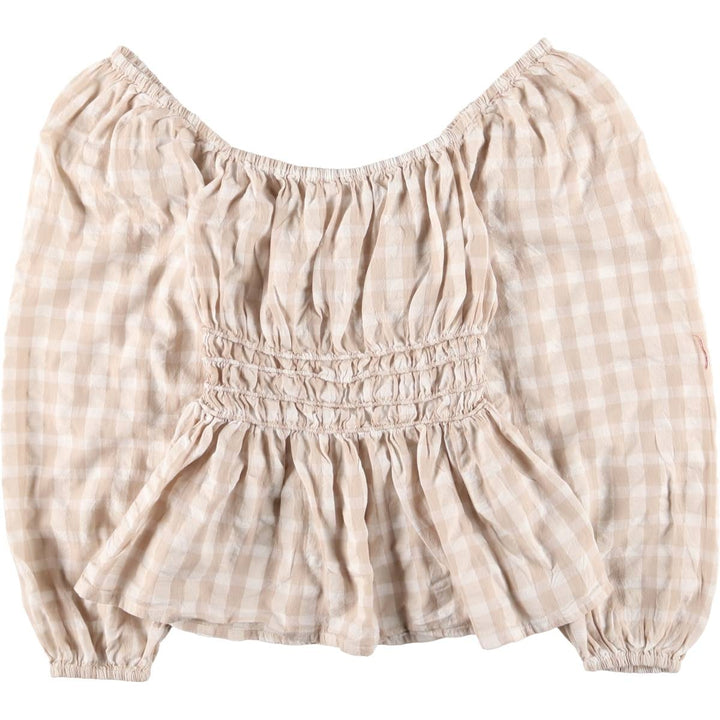 anko Check Pattern Off Shoulder Long Sleeve Blouse Women's M Size cotton Beige type Vintage Second Hand