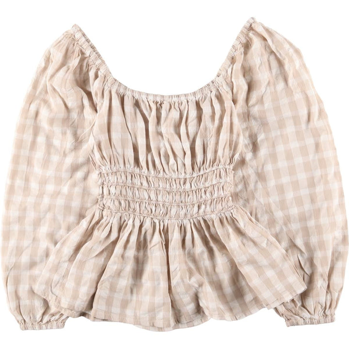 anko Check Pattern Off Shoulder Long Sleeve Blouse Women's M Size cotton Beige type Vintage Second Hand