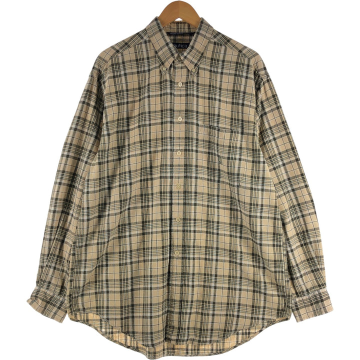 90'S NAUTICA Check Pattern Long Sleeve Linen Button Down Shirt Men's Size L Vintage linen yellow type Vintage Second Hand