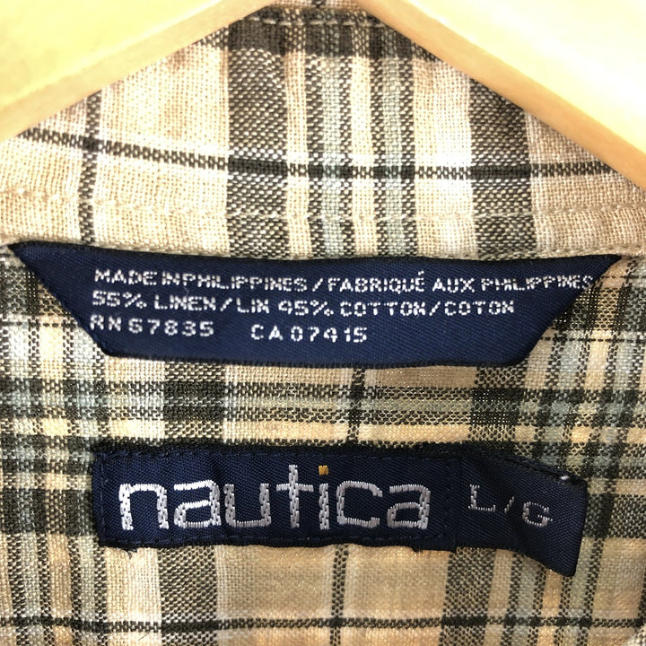 90'S NAUTICA Check Pattern Long Sleeve Linen Button Down Shirt Men's Size L Vintage linen yellow type Vintage Second Hand