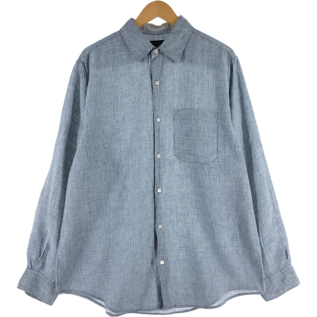 00'S Banana Republic BANANA REPUBLIC all-over print long sleeve linen shirt, men's size L linen navy blue type Vintage Second Hand