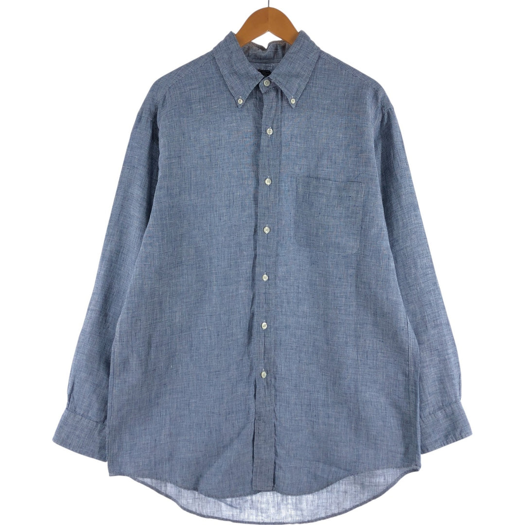 Brooks Brothers 346 Houndstooth Pattern Long Sleeve Linen Button-Down Shirt, Men's Size M linen blue type Vintage Second Hand