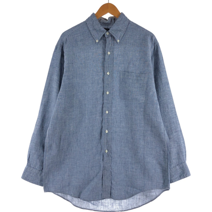 Brooks Brothers 346 Houndstooth Pattern Long Sleeve Linen Button-Down Shirt, Men's Size M linen blue type Vintage Second Hand