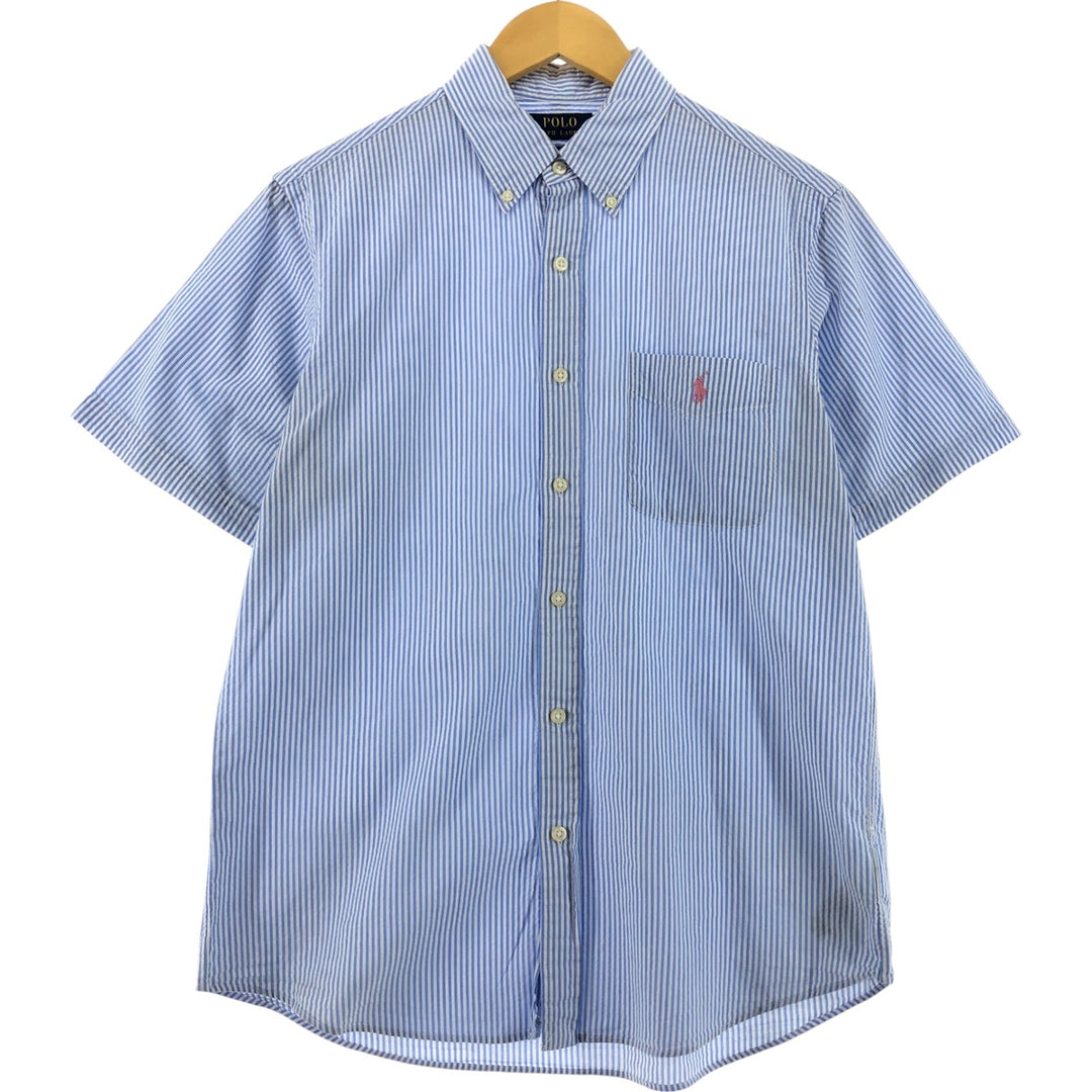 POLO RALPH LAUREN RL UNTUCKED FIT Seersucker short sleeve button down striped shirt Men's M size cotton Blue type light blue Vintage Second Hand