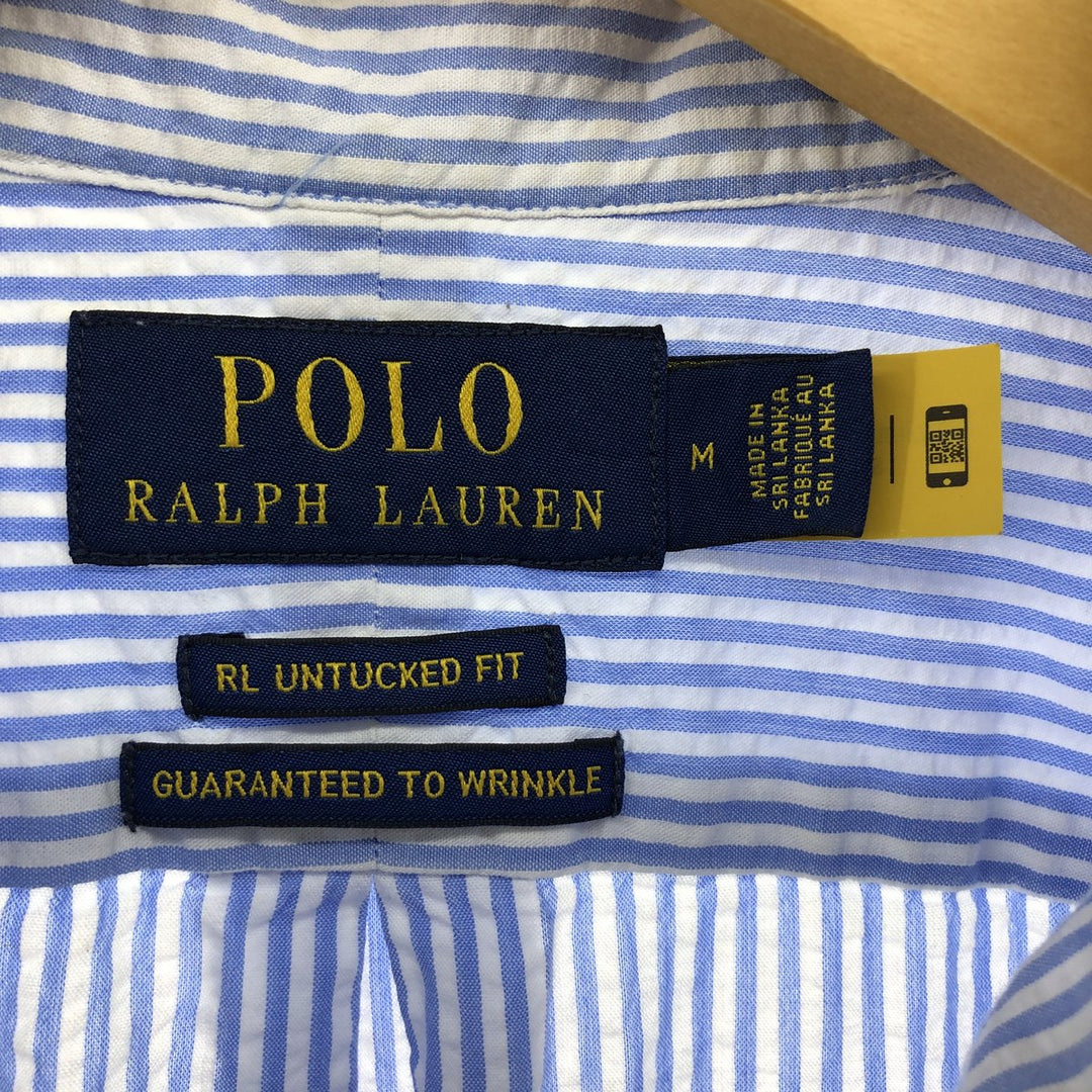 POLO RALPH LAUREN RL UNTUCKED FIT Seersucker short sleeve button down striped shirt Men's M size cotton Blue type light blue Vintage Second Hand