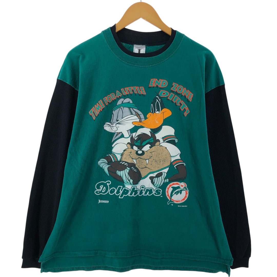 90'S JOSTENS SPORTSWEAR Looney Tunes NFL Miami Dolphins Long Sleeve T-Shirt Made in USA Men's Size L cotton green type Vintage Second Hand