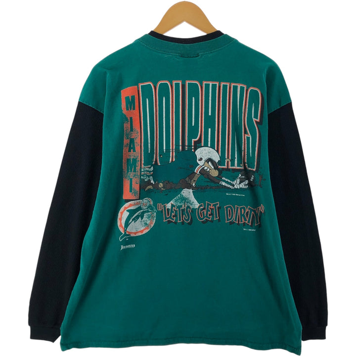 90'S JOSTENS SPORTSWEAR Looney Tunes NFL Miami Dolphins Long Sleeve T-Shirt Made in USA Men's Size L cotton green type Vintage Second Hand