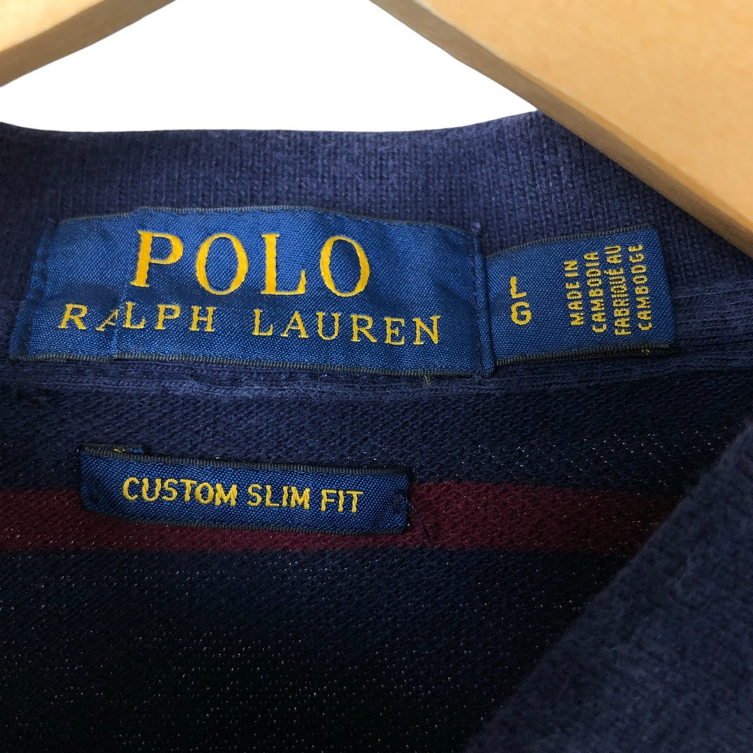 Ralph Lauren POLO RALPH LAUREN CUSTOM SLIM FIT short sleeve striped polo shirt men's size L cotton navy blue type Vintage Second Hand