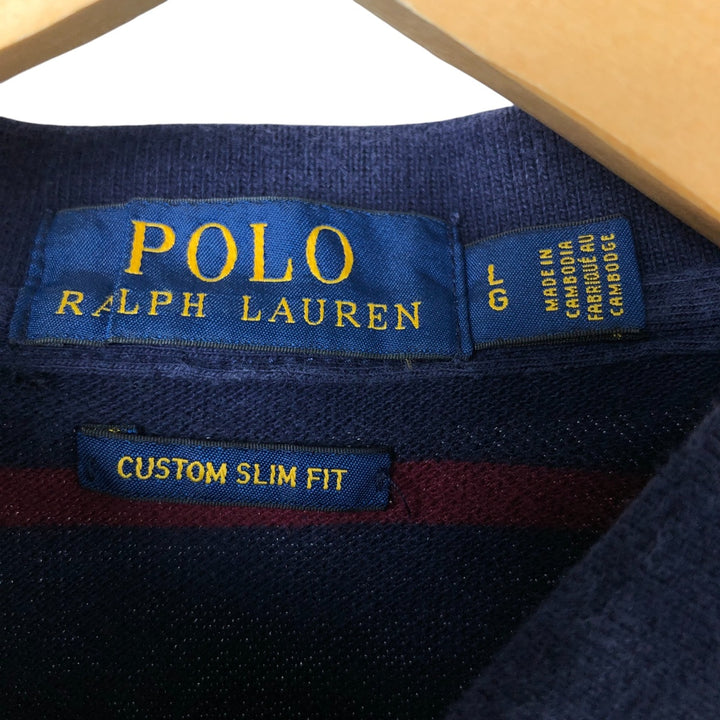 Ralph Lauren POLO RALPH LAUREN CUSTOM SLIM FIT short sleeve striped polo shirt men's size L cotton navy blue type Vintage Second Hand