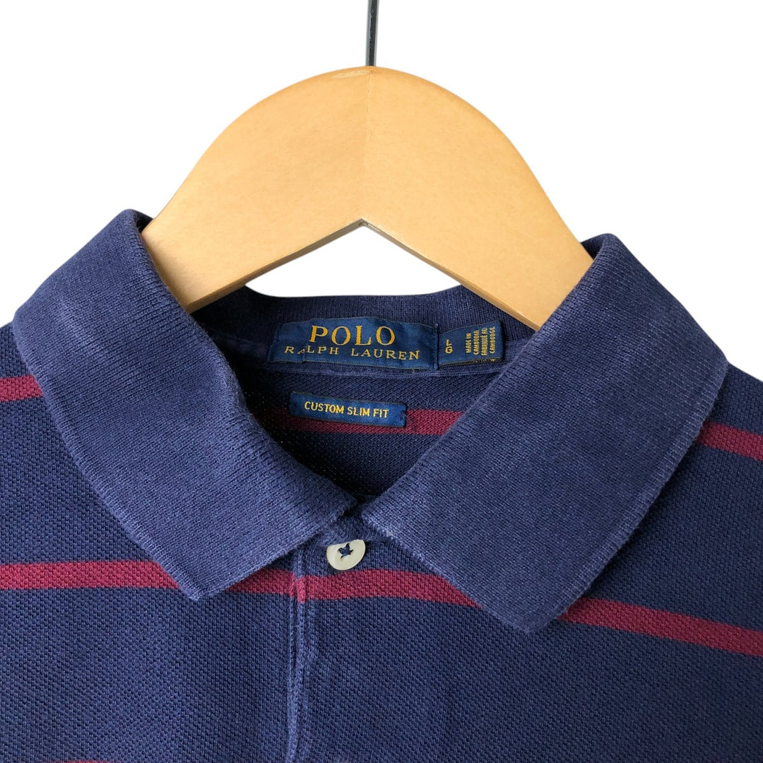 Ralph Lauren POLO RALPH LAUREN CUSTOM SLIM FIT short sleeve striped polo shirt men's size L cotton navy blue type Vintage Second Hand