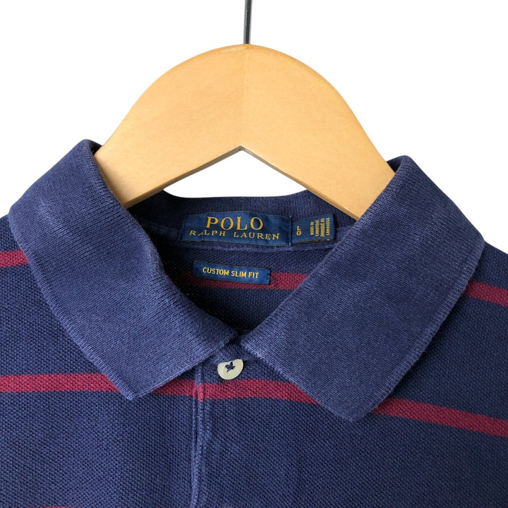 Ralph Lauren POLO RALPH LAUREN CUSTOM SLIM FIT short sleeve striped polo shirt men's size L cotton navy blue type Vintage Second Hand