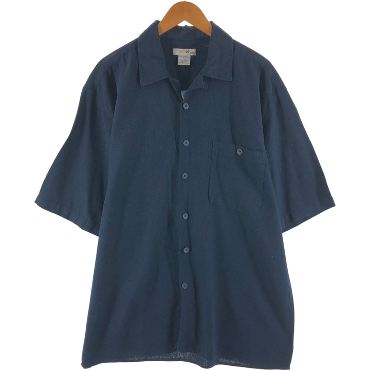 TRUST short sleeve open collar rayon x linen shirt men's XL size linen navy blue type Vintage Second Hand