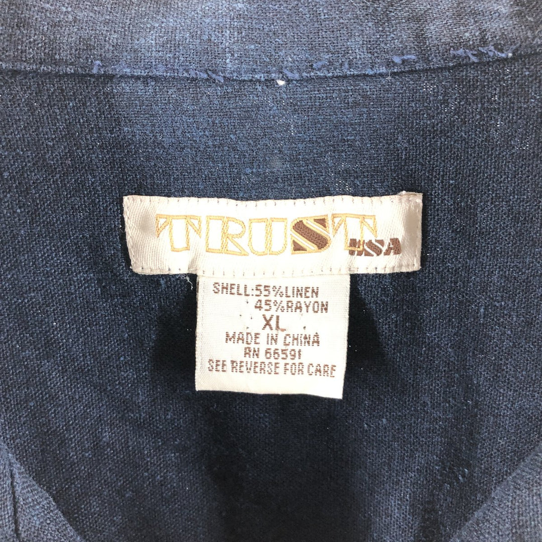 TRUST short sleeve open collar rayon x linen shirt men's XL size linen navy blue type Vintage Second Hand