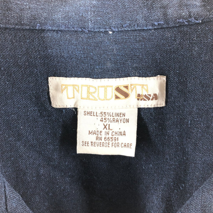 TRUST short sleeve open collar rayon x linen shirt men's XL size linen navy blue type Vintage Second Hand