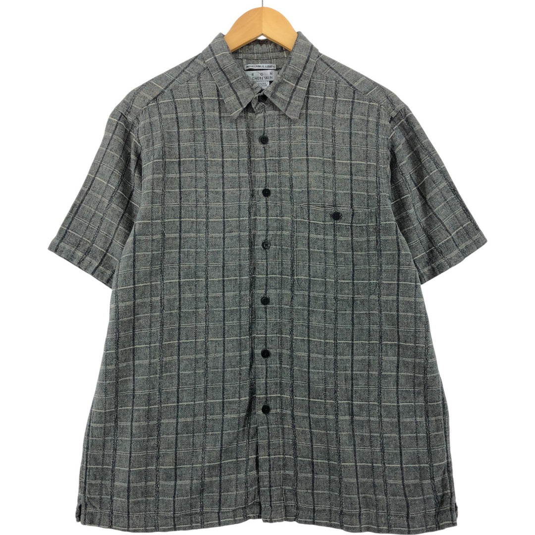 RON CHERE SKIN Check Pattern Short Sleeve Rayon x Linen Shirt Box Shirt Men's L size linen gray type Vintage Second Hand