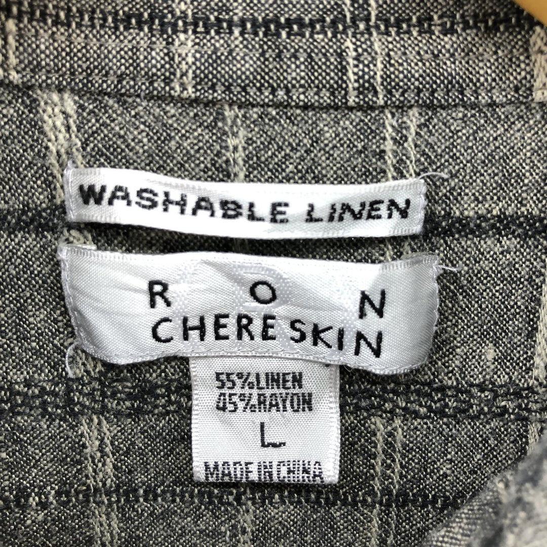 RON CHERE SKIN Check Pattern Short Sleeve Rayon x Linen Shirt Box Shirt Men's L size linen gray type Vintage Second Hand