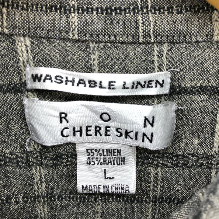 RON CHERE SKIN Check Pattern Short Sleeve Rayon x Linen Shirt Box Shirt Men's L size linen gray type Vintage Second Hand