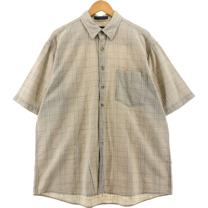 Van Heusen Check Pattern Short Sleeve Cotton x Linen Shirt, Men's Size L linen yellow type Vintage Second Hand