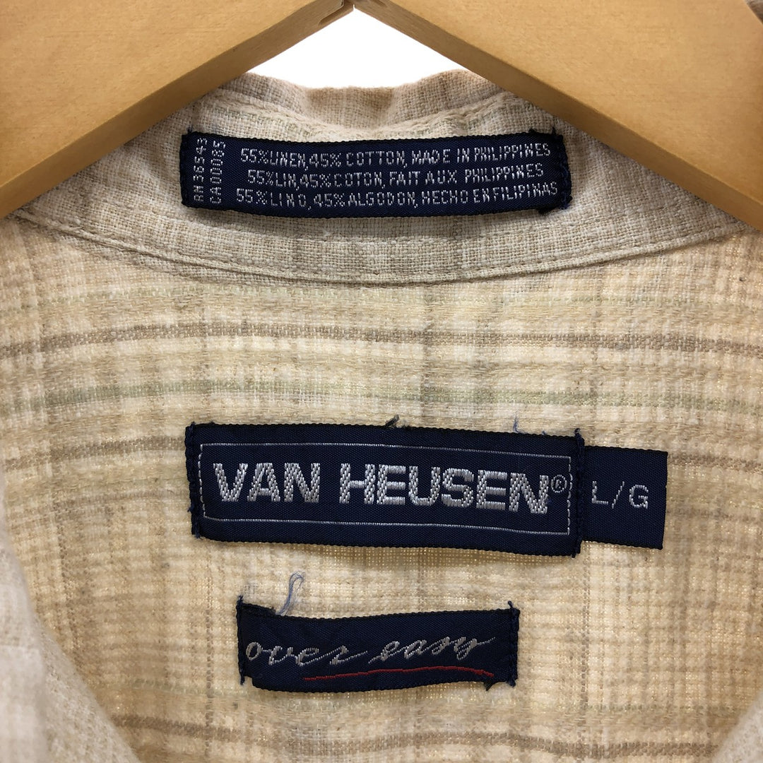 Van Heusen Check Pattern Short Sleeve Cotton x Linen Shirt, Men's Size L linen yellow type Vintage Second Hand