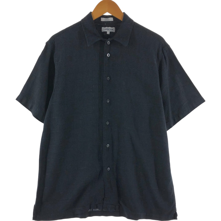 CHERESKIN short sleeve rayon x linen shirt, men's size L linen black type Vintage Second Hand