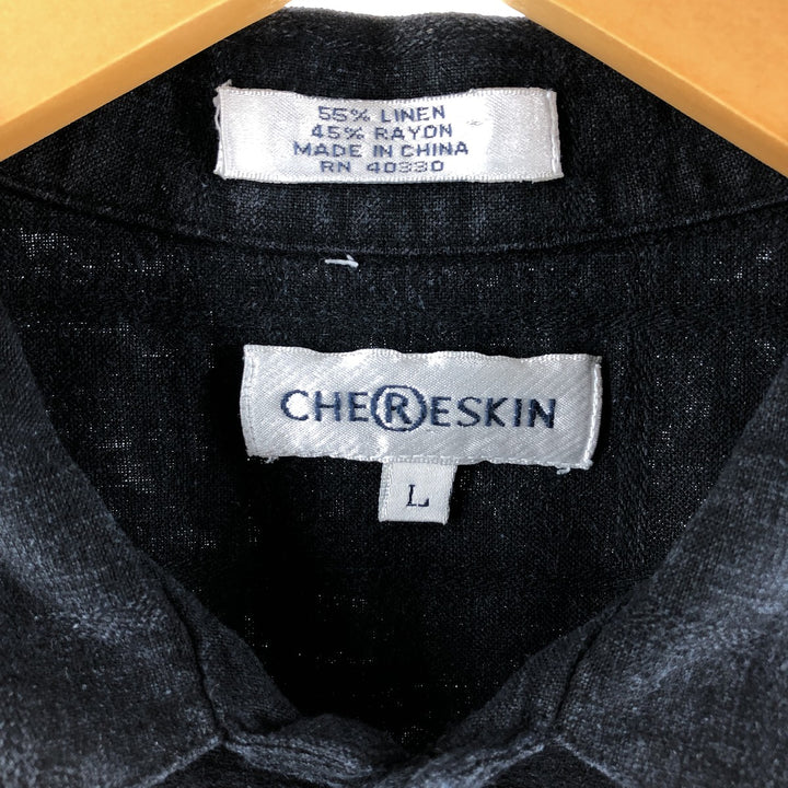 CHERESKIN short sleeve rayon x linen shirt, men's size L linen black type Vintage Second Hand