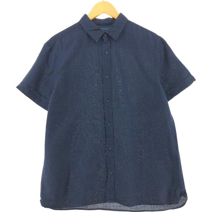 PERRY ELLIS short sleeve cotton x linen shirt, men's size L linen navy blue type Vintage Second Hand