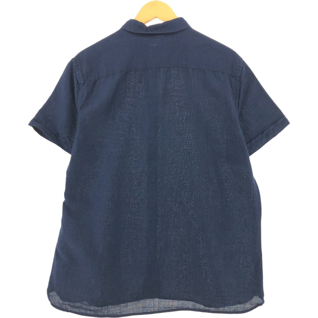 PERRY ELLIS short sleeve cotton x linen shirt, men's size L linen navy blue type Vintage Second Hand
