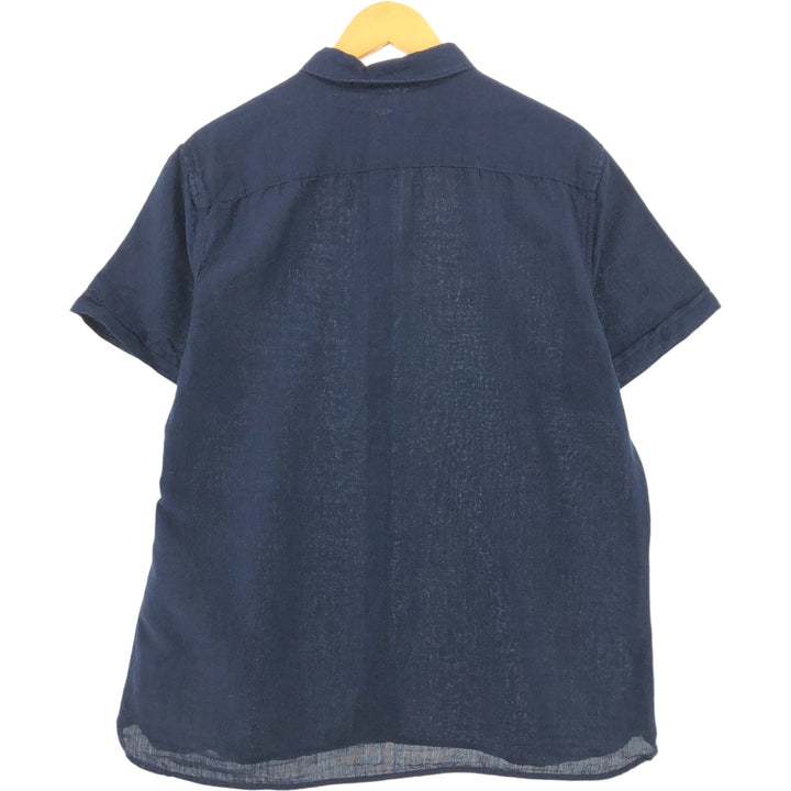 PERRY ELLIS short sleeve cotton x linen shirt, men's size L linen navy blue type Vintage Second Hand