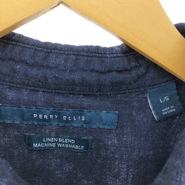 PERRY ELLIS short sleeve cotton x linen shirt, men's size L linen navy blue type Vintage Second Hand