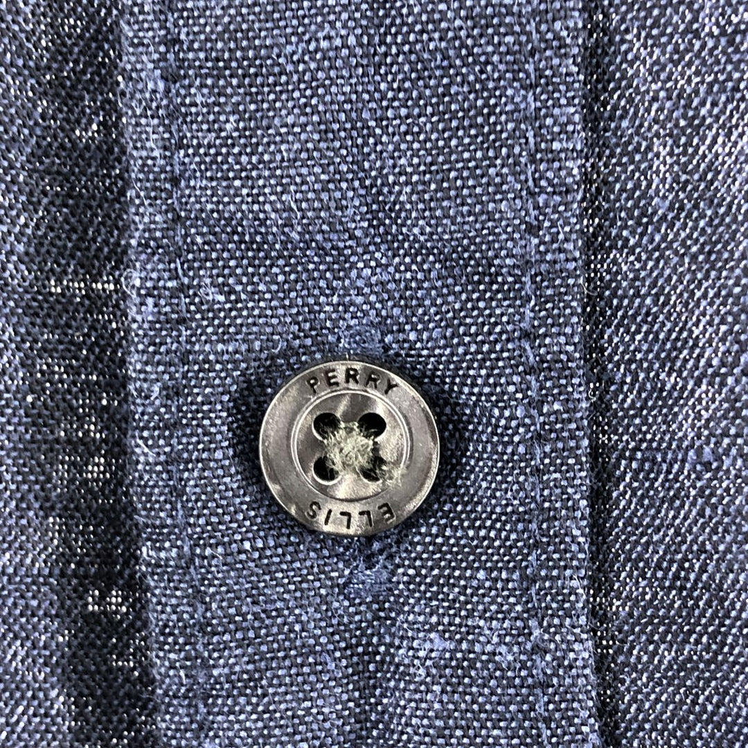 PERRY ELLIS short sleeve cotton x linen shirt, men's size L linen navy blue type Vintage Second Hand