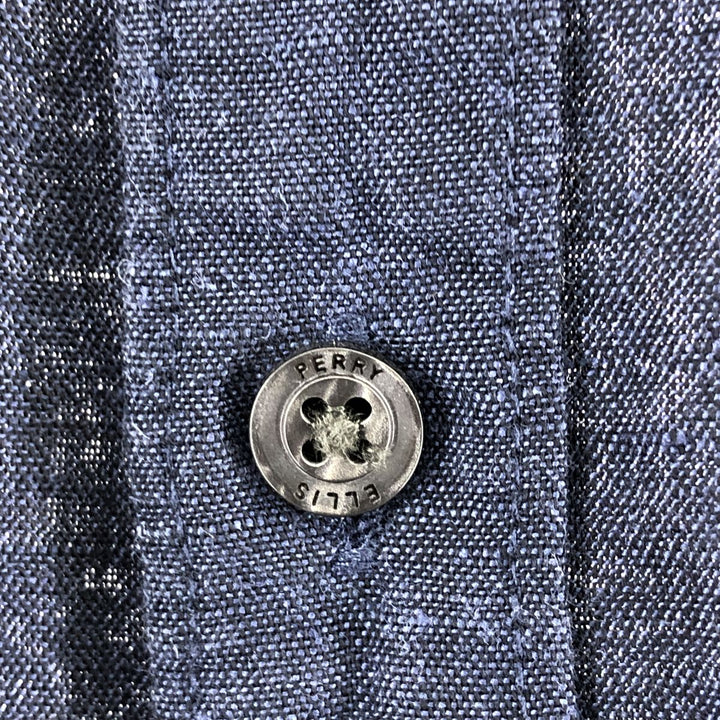 PERRY ELLIS short sleeve cotton x linen shirt, men's size L linen navy blue type Vintage Second Hand