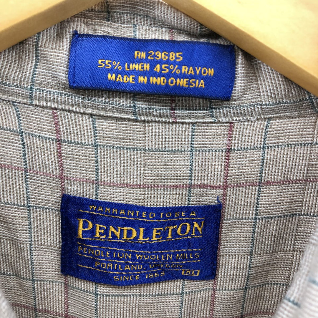 00'S Pendleton Check Pattern Short Sleeve Rayon x Linen Button Down Shirt Men's XL linen brown type Vintage Second Hand