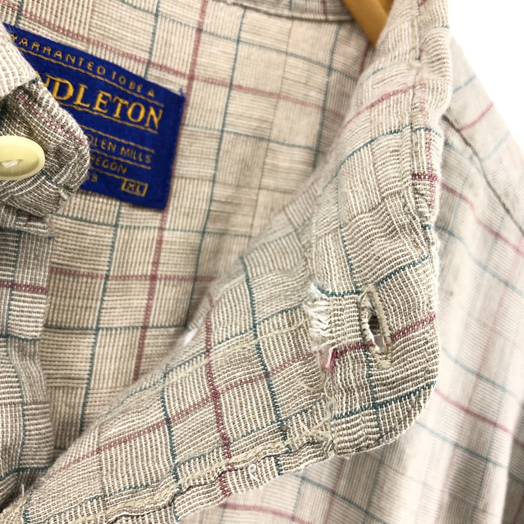 00'S Pendleton Check Pattern Short Sleeve Rayon x Linen Button Down Shirt Men's XL linen brown type Vintage Second Hand