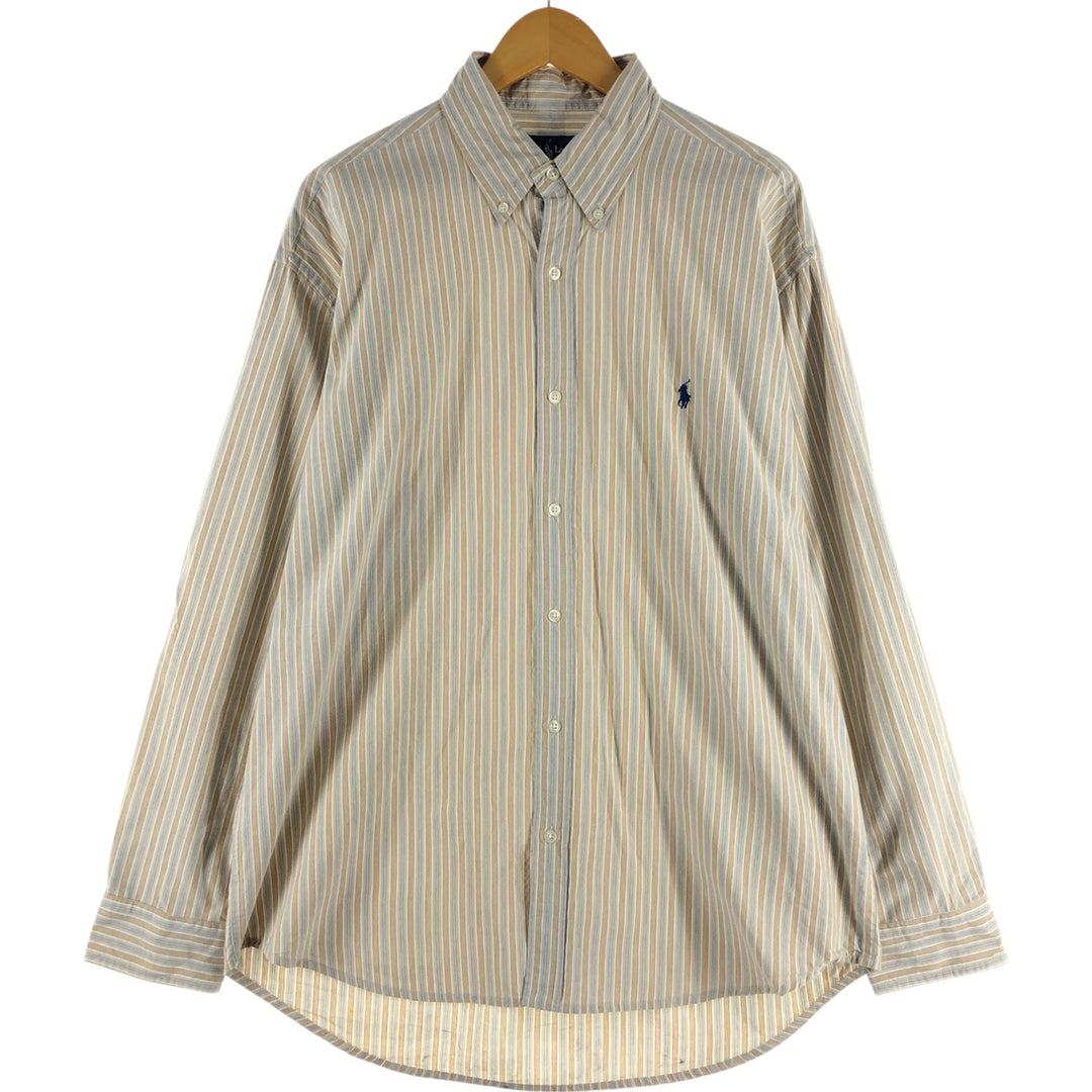 Ralph Lauren BLAKE long sleeve button-down striped shirt, men's size XL cotton beige type brown Vintage Second Hand