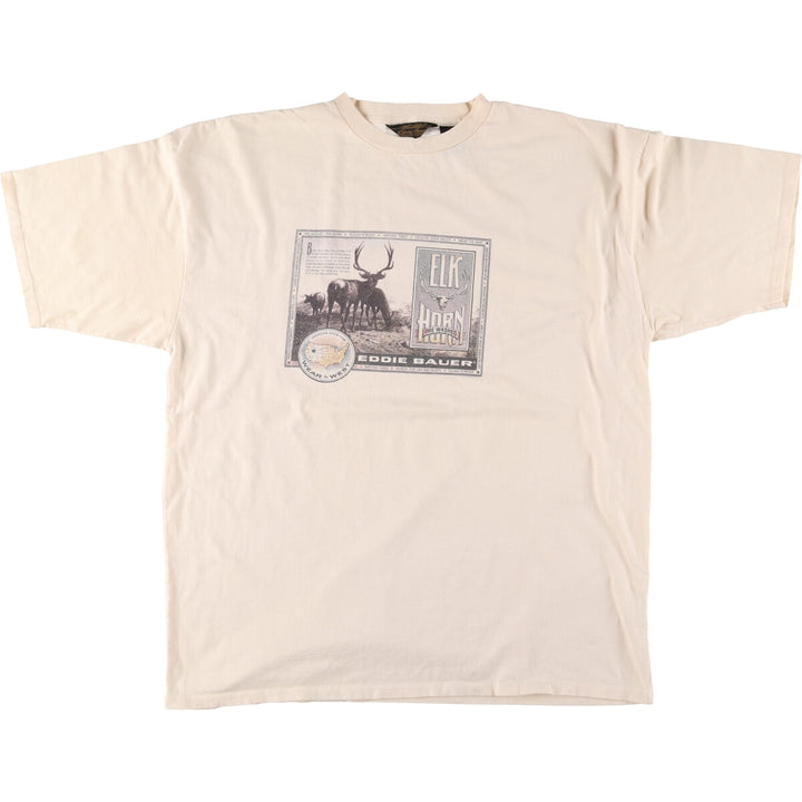 80s-90'S Eddie Bauer deer print short sleeve printed T-shirt with black tag, made in USA, men's size L, vintage cotton ivory Vintage Second Hand