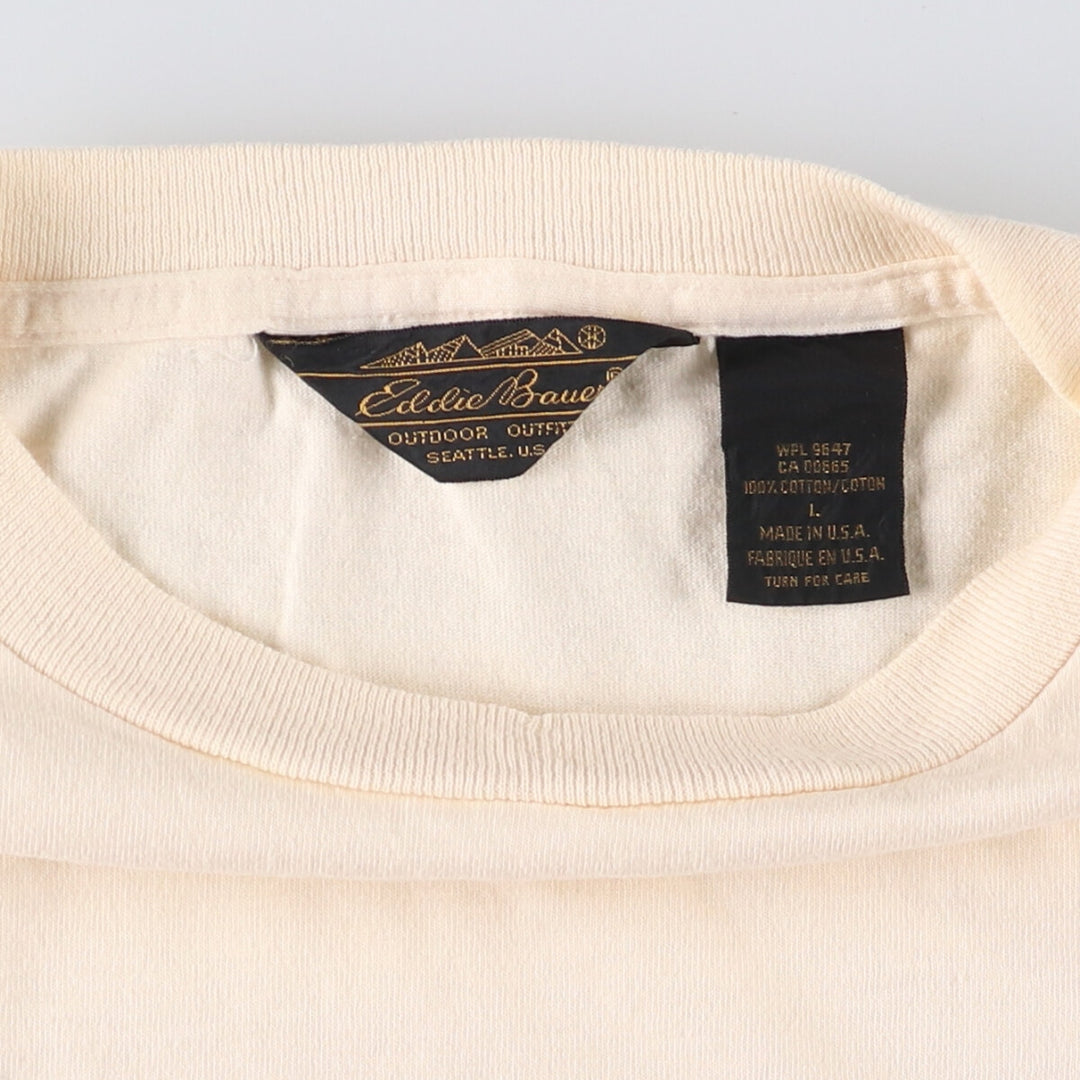 80s-90'S Eddie Bauer deer print short sleeve printed T-shirt with black tag, made in USA, men's size L, vintage cotton ivory Vintage Second Hand