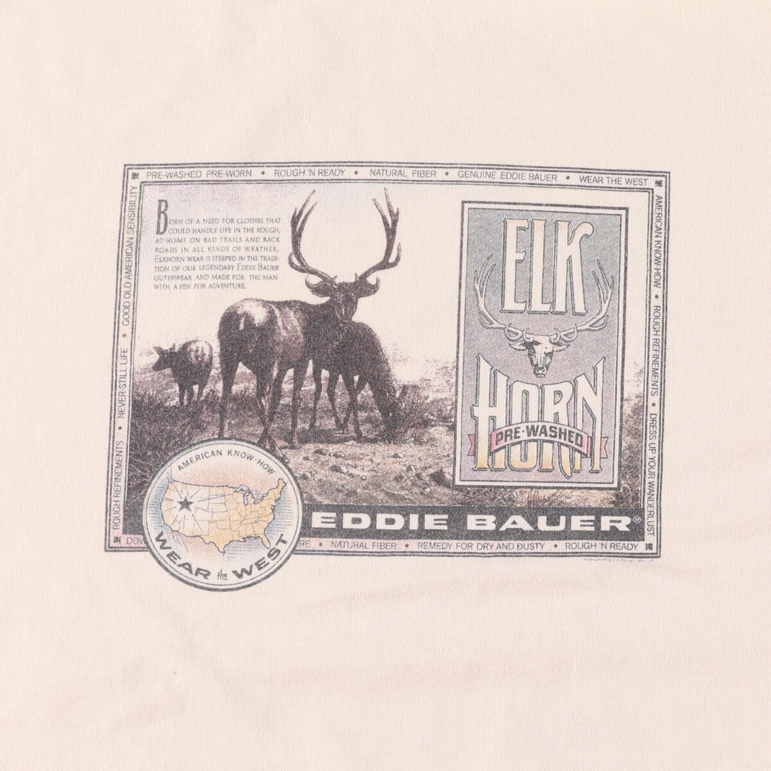 80s-90'S Eddie Bauer deer print short sleeve printed T-shirt with black tag, made in USA, men's size L, vintage cotton ivory Vintage Second Hand