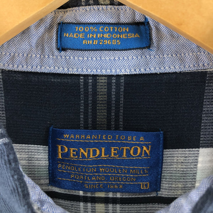 00'S Pendleton short sleeve button down check shirt men's size L cotton navy blue type Vintage Second Hand