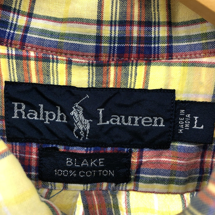 Ralph Lauren BLAKE short sleeve button down check shirt, men's size L cotton lemon yellow Vintage Second Hand