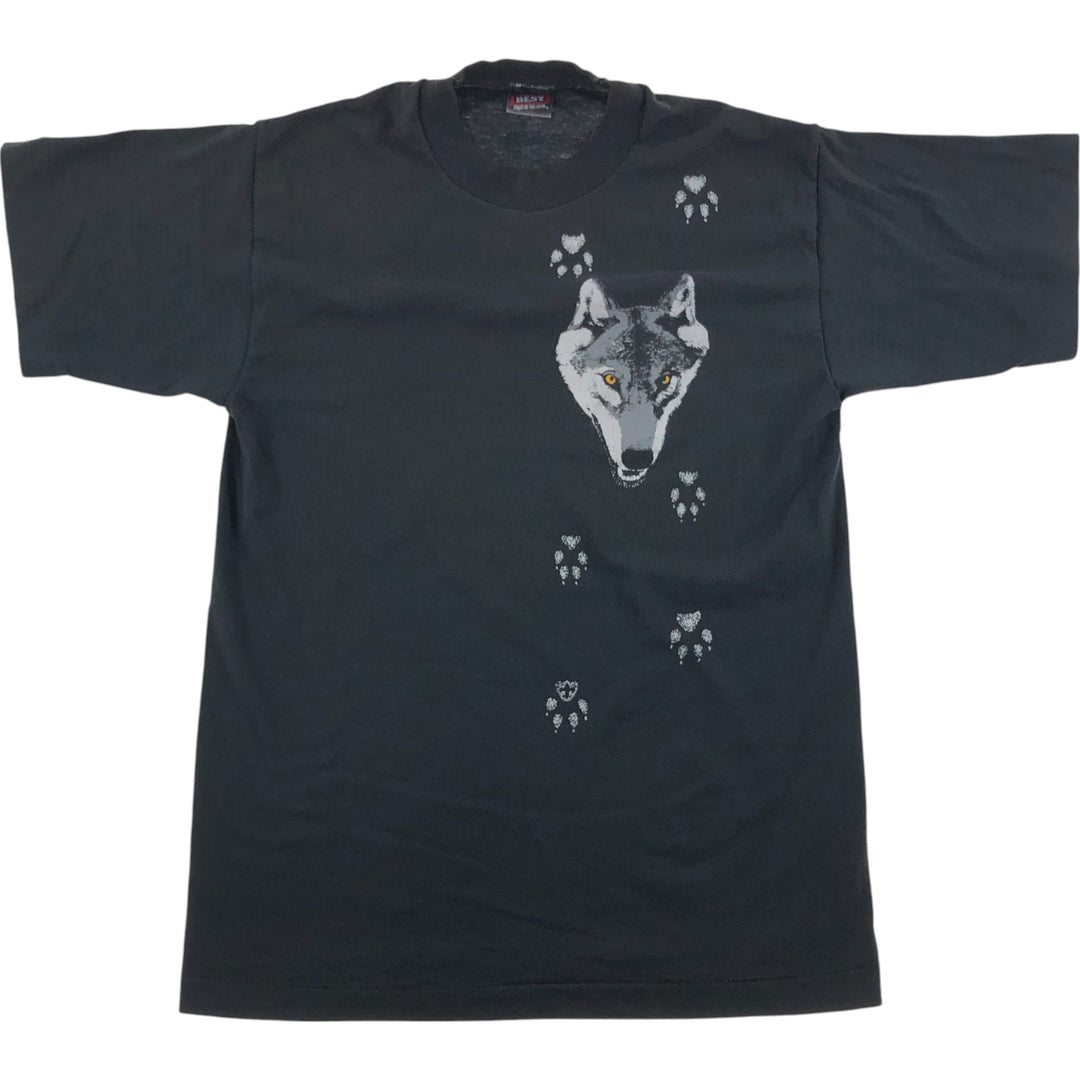 90'S Fruit of the Loom Wolf Pattern Animal T-shirt Made in USA Men's Medium Vintage cotton black type Vintage Second Hand