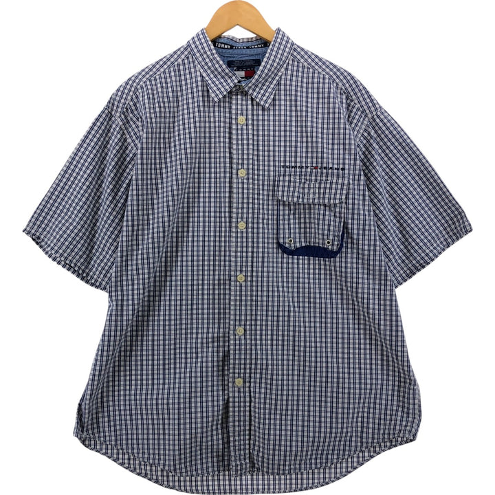 Tommy Hilfiger JEANS short sleeve cotton check shirt, men's XL size cotton blue type Vintage Second Hand