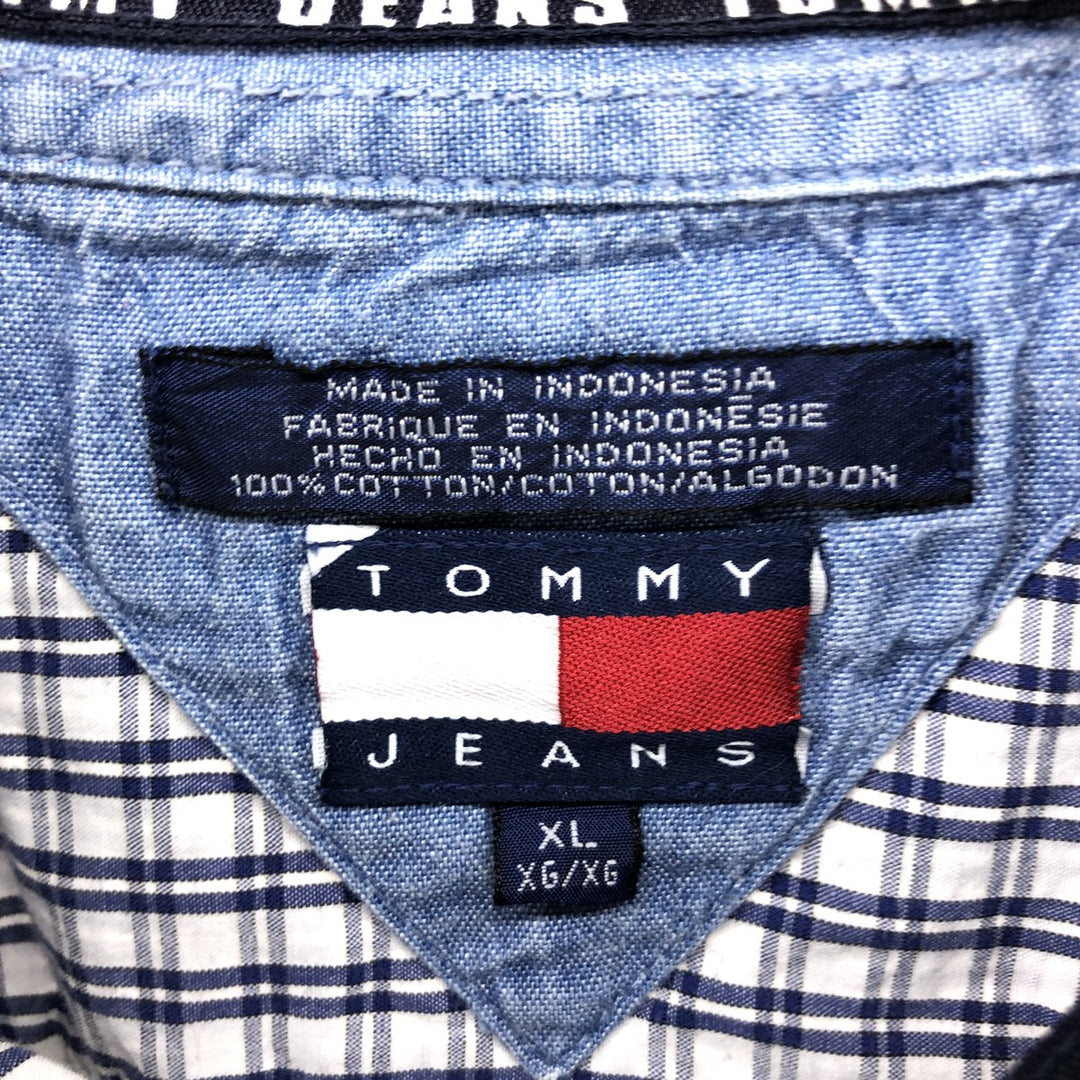 Tommy Hilfiger JEANS short sleeve cotton check shirt, men's XL size cotton blue type Vintage Second Hand