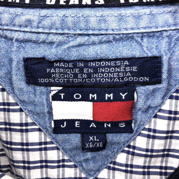Tommy Hilfiger JEANS short sleeve cotton check shirt, men's XL size cotton blue type Vintage Second Hand