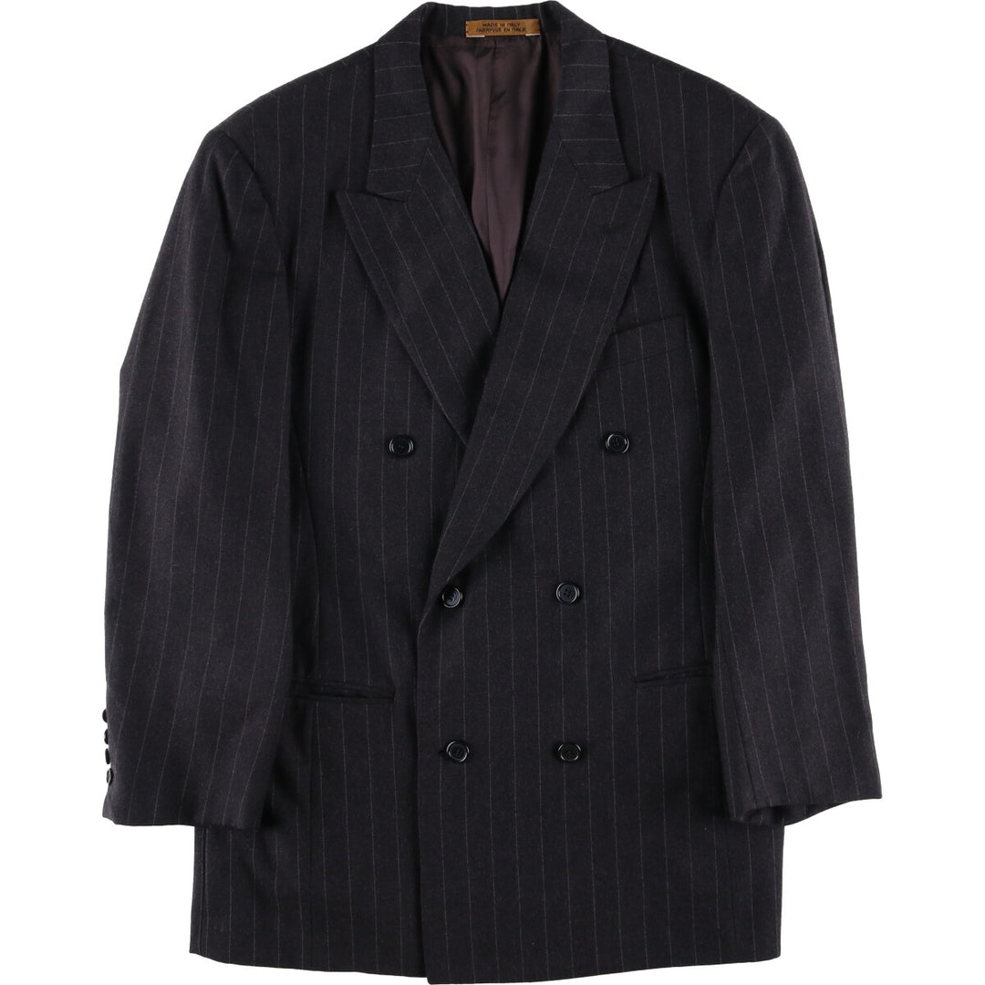 Donna Karan Stripe Pattern Peak Lapel Double Breasted Wool Tailored Jacket Made in Italy Men's L size wool Charcoal Vintage Second Hand