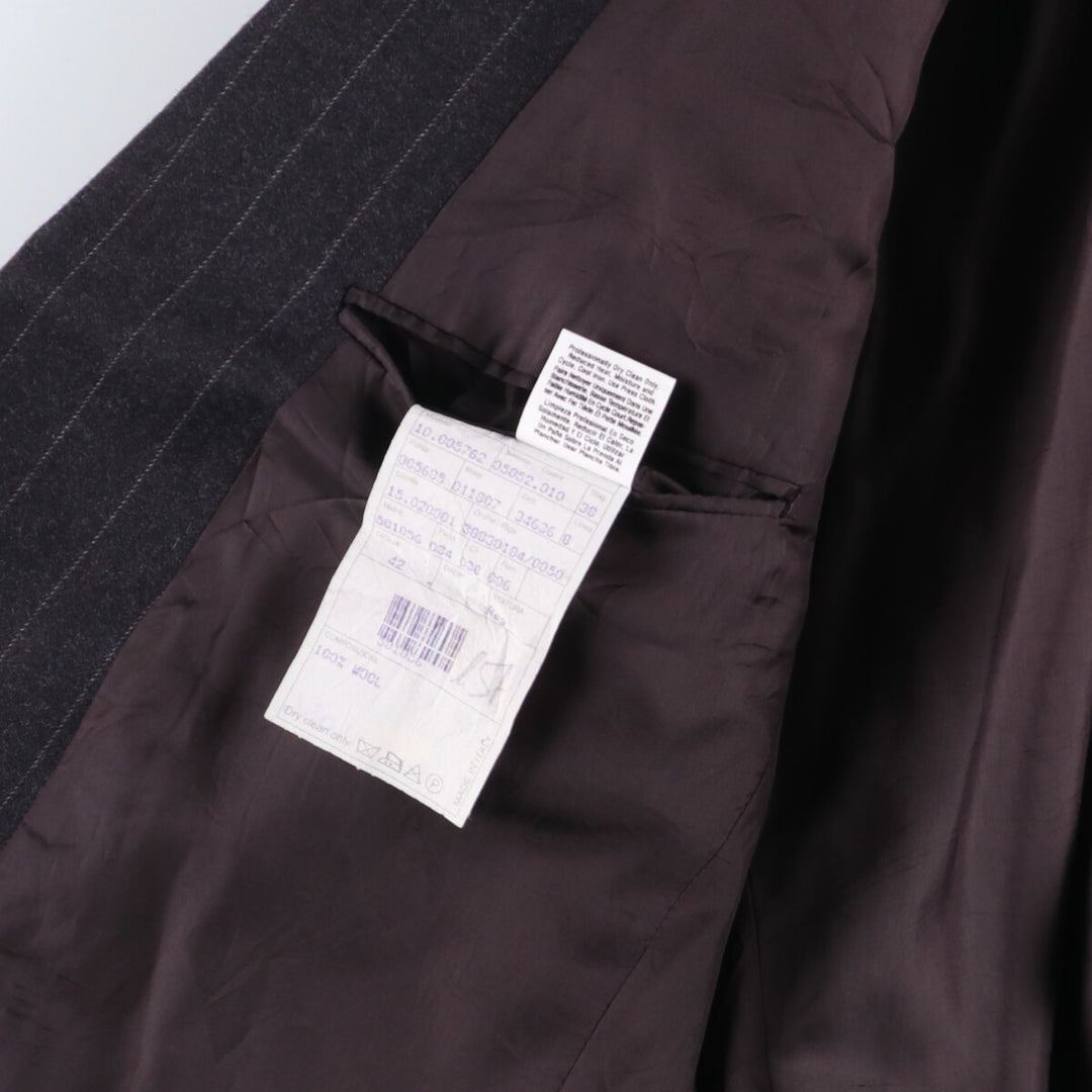 Donna Karan Stripe Pattern Peak Lapel Double Breasted Wool Tailored Jacket Made in Italy Men's L size wool Charcoal Vintage Second Hand