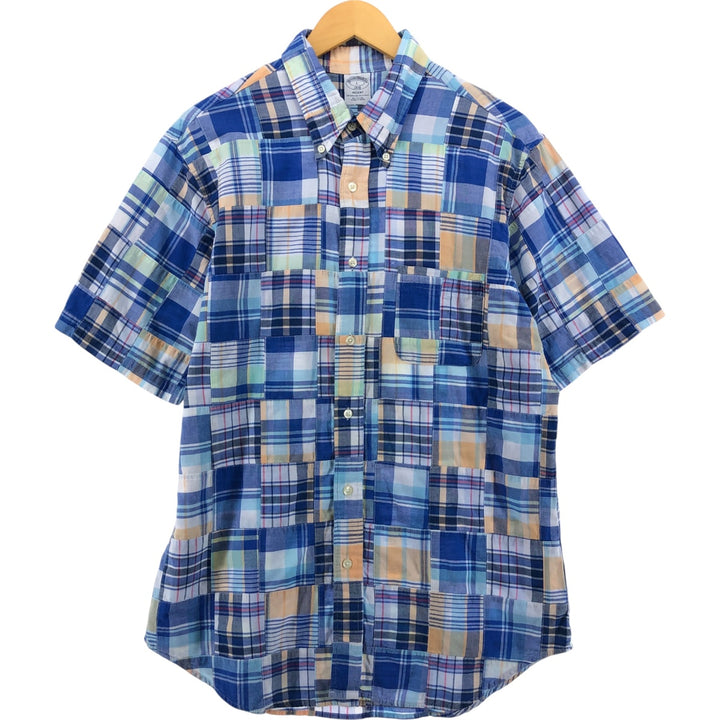 Brooks Brothers 1818 Patchwork Short Sleeve Button-Down Check Shirt, Men's Size L cotton blue type Vintage Second Hand