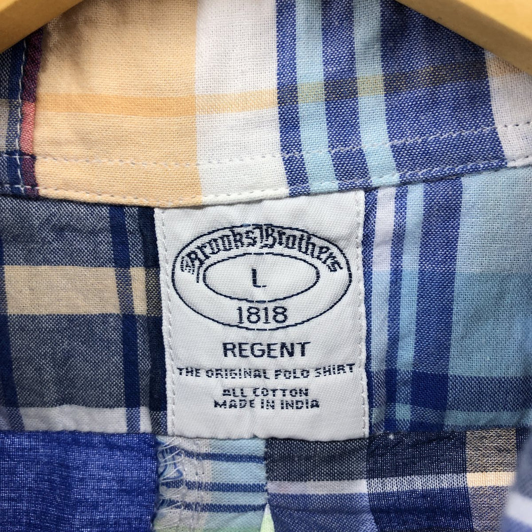Brooks Brothers 1818 Patchwork Short Sleeve Button-Down Check Shirt, Men's Size L cotton blue type Vintage Second Hand